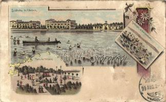 1899 Siófok, fürdőzők a Balatonban, szálloda és étterem, park és sétány. Art Nouveau, floral, litho (fl)