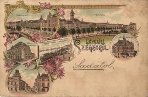 1899 Szeged, városháza, Széchenyi tér, Városi színház, Közúti vashíd, Híd utca. Art Nouveau, floral, litho (Rb)