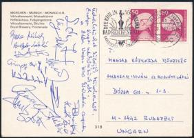 1970 a Rába Vasas ETO kézilabda csapat tagjainak aláírásai Münchenből küldött levelezőlapon