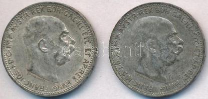 Ausztria 1914-1915. 1K Ag "Ferenc József" (2x) T:2 patina Austria 1914-1915. 1 Corona Ag "Franz Joseph" (2x) C:XF patina