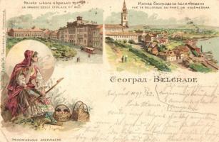 1899 Belgrade, Grand Ecole et Place de Roi, Parc de Kalemegdan / school, royal palace, fort, folklore. Art Nouveau, floral, litho (Rb)