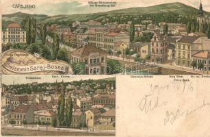 Sarajevo, Mustafabeg-Hof, Gumurija Brücke, Union Bank, Waisenhaus, Corps-Commando / bridge, bank, military command. Ed. Straches Art Nouveau, litho (Rb)