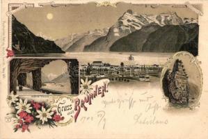 Brunnen, Schiller Stein, Axenstrasse / mountains, road. Postkarten Verlag Künzli Art Nouveau, floral, litho (Rb)