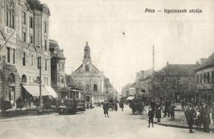 Pécs, Irgalmasok utcája, 1-es számú villamos, üzletek, Alt & Böhm kiadása (EK)