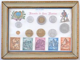 San Marino ~1977. 1L-500L (9x) szuvenír forgalmi szett, benne még 5db bélyeg, üvegezett fakeretben T:1- San Marino ~1977. 1 Lira - 500 Lire (9x) souvenir coin set with 5pcs of stamps, in wooden frame C:AU