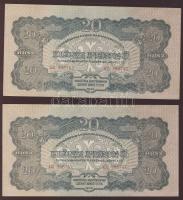 1944. 20P "V.H." (2x) egymásutáni sorszámokkal, elő- és hátlapi nyomat lefelé csúszva, az egyiken alul vágási hiba miatt fehér csík! T:I