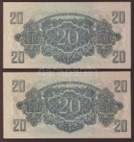 1944. 20P "V.H." (2x) egymásutáni sorszámokkal, elő- és hátlapi nyomat lefelé csúszva, az ...