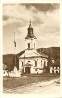 Felsőbánya, Baia Sprie; Református templom, Országzászló, Hangya fogy. szövetkezet kiadása / church, Hungarian flag