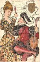 Bor, Dal, Szerelem XVI. c. / Baroque couple, wine art postcard, litho