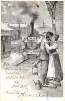 1902 Gruss aus Aussig! Eine glückliche Fahrt ins Neue Jahr! / New Year greeting art postcard with train (r)