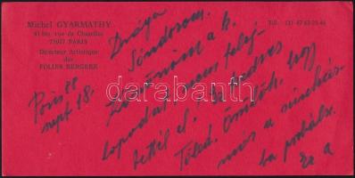 1988 Michel Gyarmathy (1908-1996) zsidó származású rendező, díszlet és jelmeztervező saját kezű sorai és aláírása egy levélen, borítékkal.