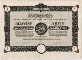 Kolozsvár 1941. "Dermata Művek - Bőr- és Cipőgyár R.T." részvénye 20P-ről, szelvényekkel és szárazpecséttel T:II,II-