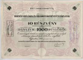 Újpest 1946. Egyesült Izzólámpa és Villamossági Részvénytársaság részvénye 1000P-ről, szelvényekkel, szárazpecséttel és bélyegzésekkel T:II,II-