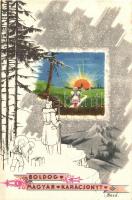 4 db RÉGI Bozó karácsonyi üdvözlőlap / 4 pre-1945 Bozó signed Hungarian Christmas greeting art postc...