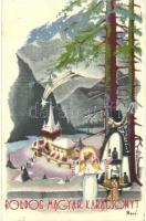 4 db RÉGI Bozó karácsonyi üdvözlőlap / 4 pre-1945 Bozó signed Hungarian Christmas greeting art postc...