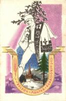 4 db RÉGI Bozó karácsonyi üdvözlőlap / 4 pre-1945 Bozó signed Hungarian Christmas greeting art postc...