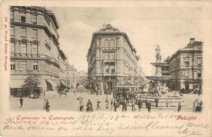 1899 Budapest VIII. Kálvin tér, villamos, szökőkút, gyógyszertár, Magyar fémlámpaárú gyár