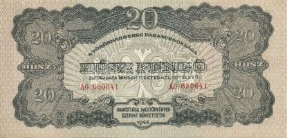 1944. 20P "V.H." (2x) egymásutáni sorszámokkal, előlapi nyomat felfelé csúszva! T:I