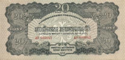 1944. 20P "V.H." (2x) egymásutáni sorszámokkal, előlapi nyomat felfelé csúszva! T:I