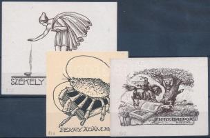 Haranghy Jenő (1894-1951): 3 db ex libris. Klisé, papír, jelzett a nyomaton, a hátoldalán pecséttel jelzett, 6x8 cm és 5x7 cm közötti méretben.