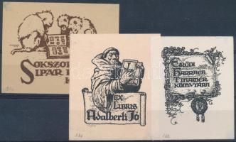 Haranghy Jenő (1894-1951): 3 db ex libris. Klisé, papír, jelzett a nyomaton, a hátoldalán pecséttel jelzett, 6x7 cm és 5x6 cm közötti méretben.
