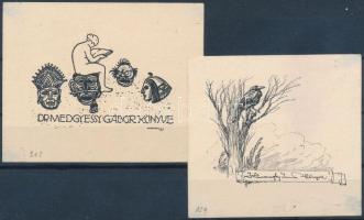 Haranghy Jenő (1894-1951): 2 db ex libris. Klisé, papír, jelzett a nyomaton, a hátoldalán pecséttel jelzett, 6x8 cm és 6x7 cm közötti méretben.