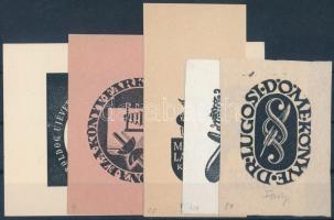 Fery Antal (1908-1944): 5 db ex libris. Klisé, papír, jelzettek a nyomaton, 4 db jelzett, 1 db pecséttel jelzett a hátoldalán, 8x12 cm és 5x7 cm közötti méretben.