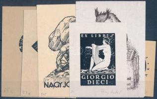 Fery Antal (1908-1944): 6 db ex libris. Klisé, papír, jelzettek a nyomaton, 4 db jelzett, 2 db a hátoldalán pecséttel jelzett, 9x6 cm és 5x5 cm közötti méretben.