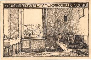1915 A zágrábi honvédkórház egy szobájának grafikája, kézzel rajzolt / WWI hand-drawn graphic postcard of a K.u.K. military hospital room in Zagreb, interior (EK)