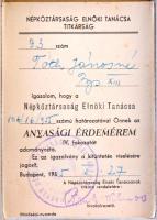 1951. "Az Anyasági Érdemérem IV. fokozata" patinázott Br kitüntetés mellszalagon, eredeti,...