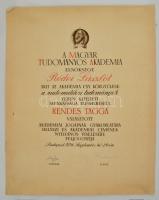 1949-1956 Rédei László (1900-1980) kossuth-díjas matematikus, egyetemi tanár, MTA levelez, valamint rendes taggá választárásáról szóló oklevelei, 3 db, kettőn szárazpecséttel, az MTA főtikárainak, Alexits György (1899-1978), Erdey-Grúz Tibor (1902-1976) és elnökének Rusznyák István (1889-1974) aláírásaival.