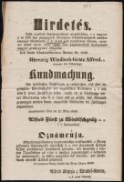 1849 Windis-Grätz tábornok ismételt hirdetménye (Rendelvény), a papíralapú Kossuth bankók érvénytelenítéséről 25x37 cm