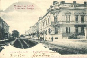 Eszék, Essegg, Osijek; Kolodvorska cesta / Bahnhofstrasse / Vasút utca, Ottokar Rechnitzer kiadása / street view (fa)
