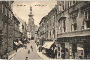 Pozsony, Pressburg, Bratislava; Mihály utca, Wimmer József üzlete / street view, shops