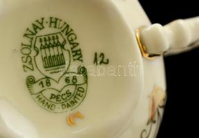 Zsolnay búzavirág mintás mokkás csésze és alj, kézzel festett, jelzett, hibátlan