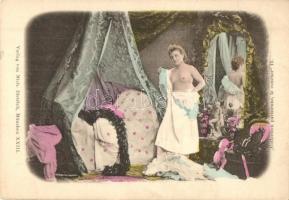 Collection parisienne, le coucher 15. Erotic nude lady, bedtime, Verlag von Mich. Dietrich (kis szakadás / small tear)