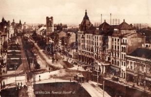 Debrecen, Ferenc József út, Frank Rezső és Magyra Ruhaipari üzlet, villamos