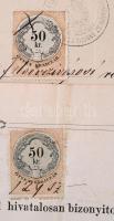 1882-1885 2 db keresztlevél 2x50 kr okmánybélyeggel, pecsétekkel, 26x42 cm