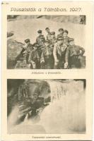 1927 Tátra, Piuszisták a Tátrában 2. sz. Júliusban a hómezőn, Tarpataki vízesésnél, Haladás nyomda kiadása Pécs / Hungarian catholic school students in the mountains, snow field, waterfall (vágott / cut)