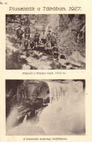 1927 Tátra, Piuszisták a Tátrában 3. sz. Pihenő a Bástya alatt, a tarpataki zuhatag felhőjében. Haladás nyomda kiadása Pécs / Hungarian catholic school students in the mountains, waterfall (vágott / cut)
