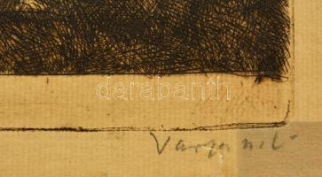 Varga Nándor Lajos (1895-1978): Hazafelé a földekről, rézkarc, papír, jelzett, sérült, 25×27,5 cm