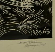 Baróthy Ádám (1945-): Az öreg halász és a tenger. Linómetszet, papír, jelzett, üvegezett keretben, 3...