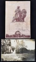 1928 Orczy-kert tiszti hősi emlékmű leleplezési ünnepsége, magas rangú tiszttel a képen, fotólap, 8x13 cm.+ Az emlékműről készült korabeli nyomtatvány, viseltes állapotban, 10x15 cm.