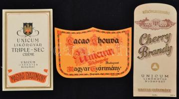 cca 1940 Unicum Likőrgyár 3 db italcímke: Cherry Brandy, Triple-Sec, Cacao Chouva, 7x10,5 és 13x6 cm közti méretben