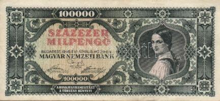 1946. 100.000Milpengő (3x) egyiken balra és felfelé, másik kettőn erősen felfelé csúszva az értékjelzés leírása T:II