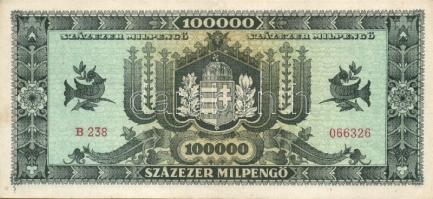 1946. 100.000Milpengő (3x) egyiken balra és felfelé, másik kettőn erősen felfelé csúszva az értékjel...
