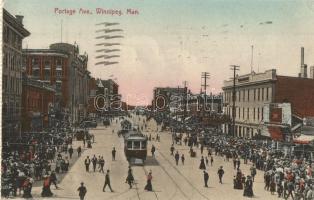 Winnipeg, Portage Avenue, tram, shops (from postcard booklet) (EK)
