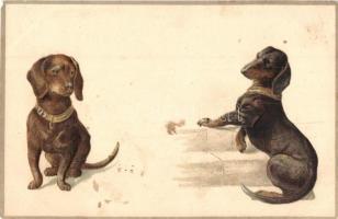 2 db régi dombornyomott kutyás litho motívumlap, tacskó / 2 pre-1945 dog motive cards, Emb. litho, D...