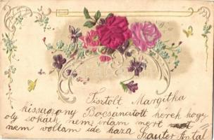 6 db RÉGI hosszú címzéses virágos, dombornyomott és litho üdvözlőlap / 6 pre-1902 floral, embossed a...