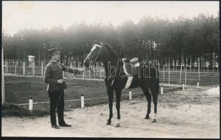 cca 1935-1940 Szigethy Béla huszár százados lovával, fotólap, 8,5x14 cm